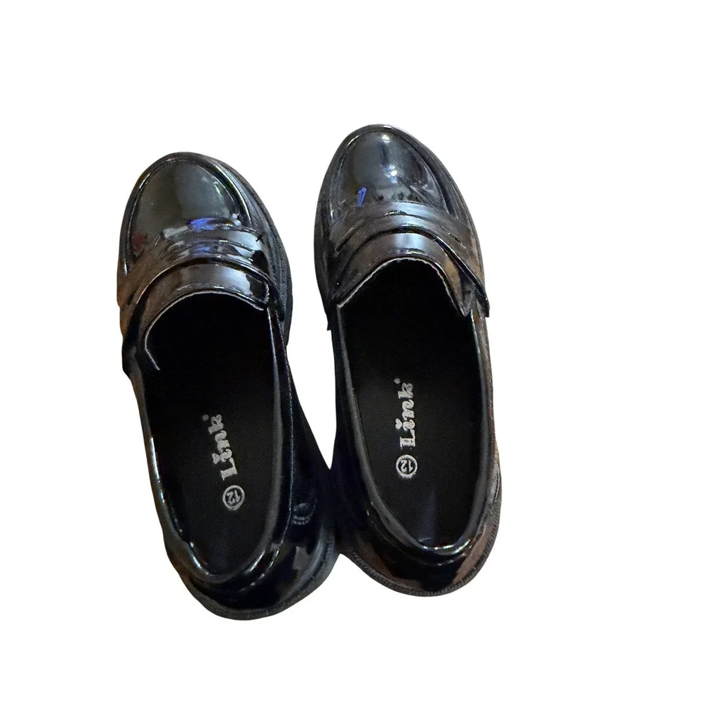 Link Kids Black Patent‎ Penny Loafers Chunky Lug Sole Dress Shoes Size 12